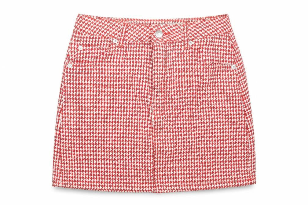 Front view of Topshop Women's Red Check Cotton Mini Skirt, size 10