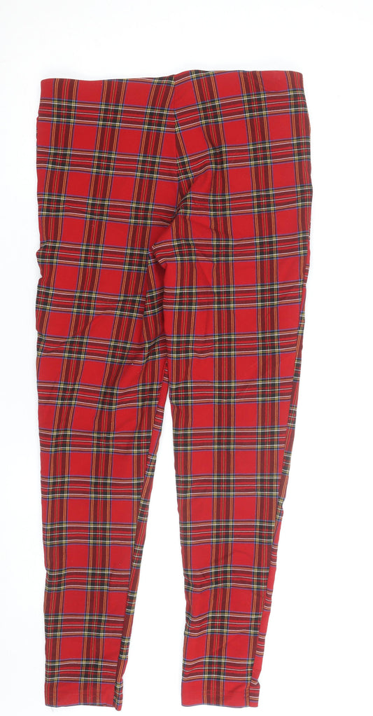 Zara Women Red Plaid Stretch Leggings L Tartan Slim Fit