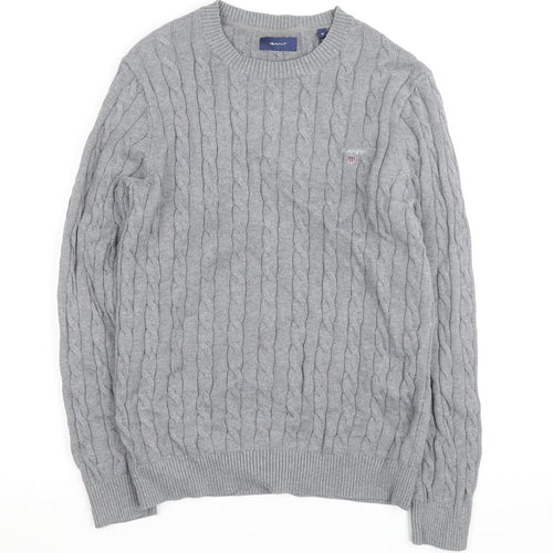 Gant Men's Grey Cable-Knit Cotton Pullover Jumper Size M