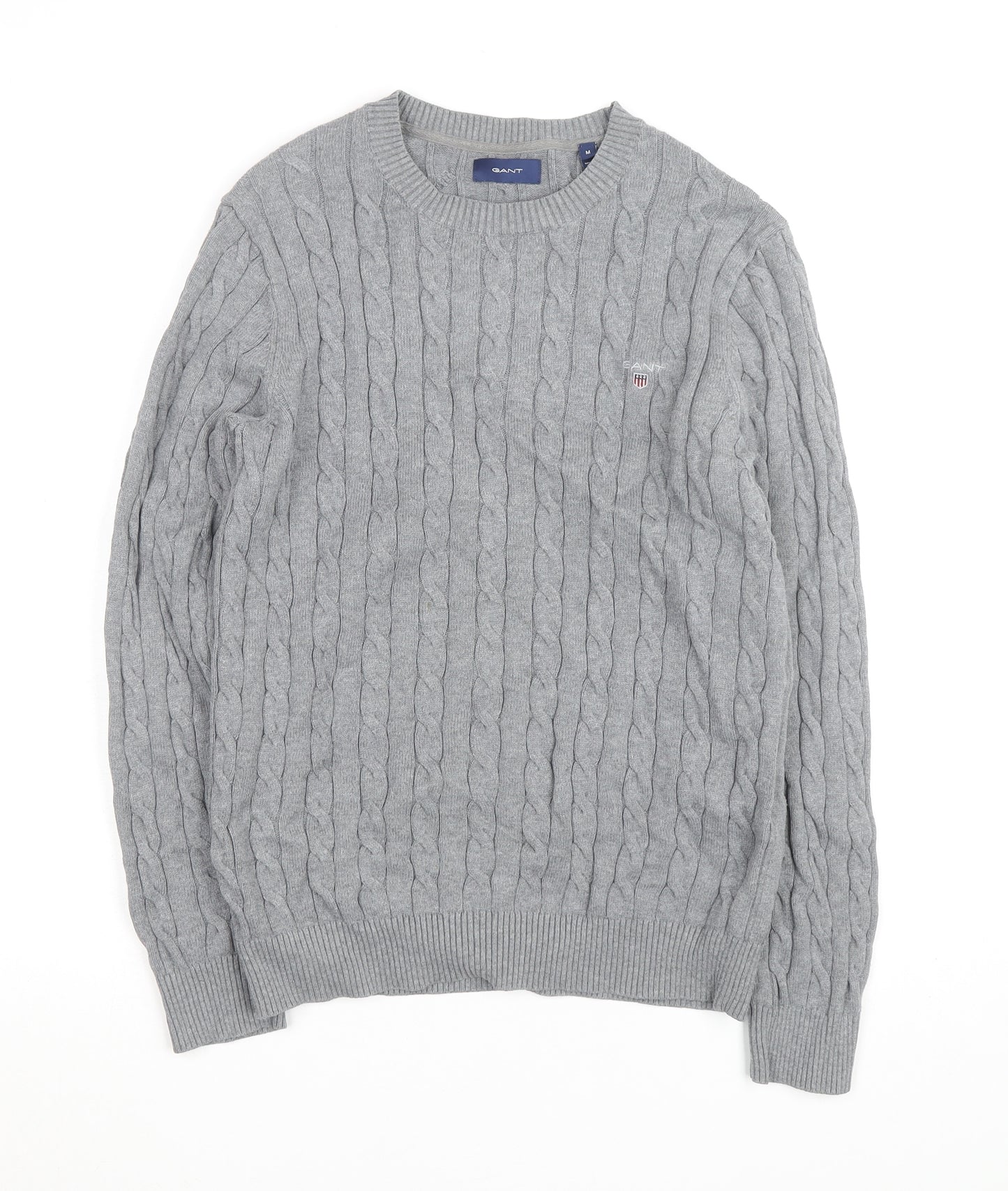 Gant Men's Grey Cable-Knit Cotton Pullover Jumper Size M
