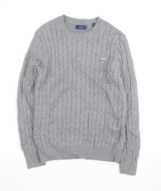 Gant Men's Grey Cable-Knit Cotton Pullover Jumper Size M