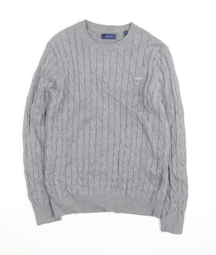 Gant Men's Grey Cable-Knit Cotton Pullover Jumper Size M