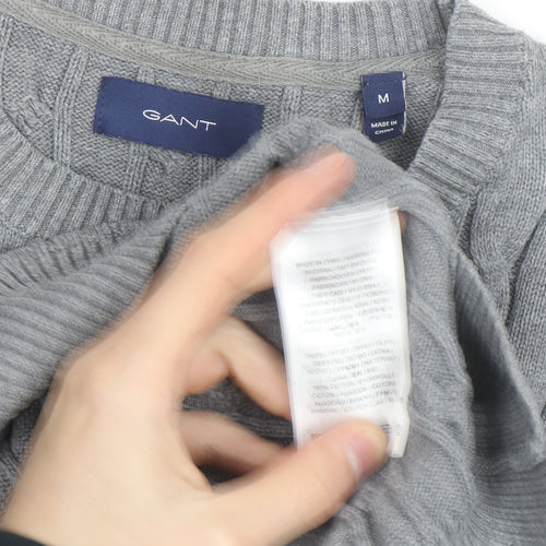 Gant Men's Grey Cable-Knit Cotton Pullover Jumper Size M