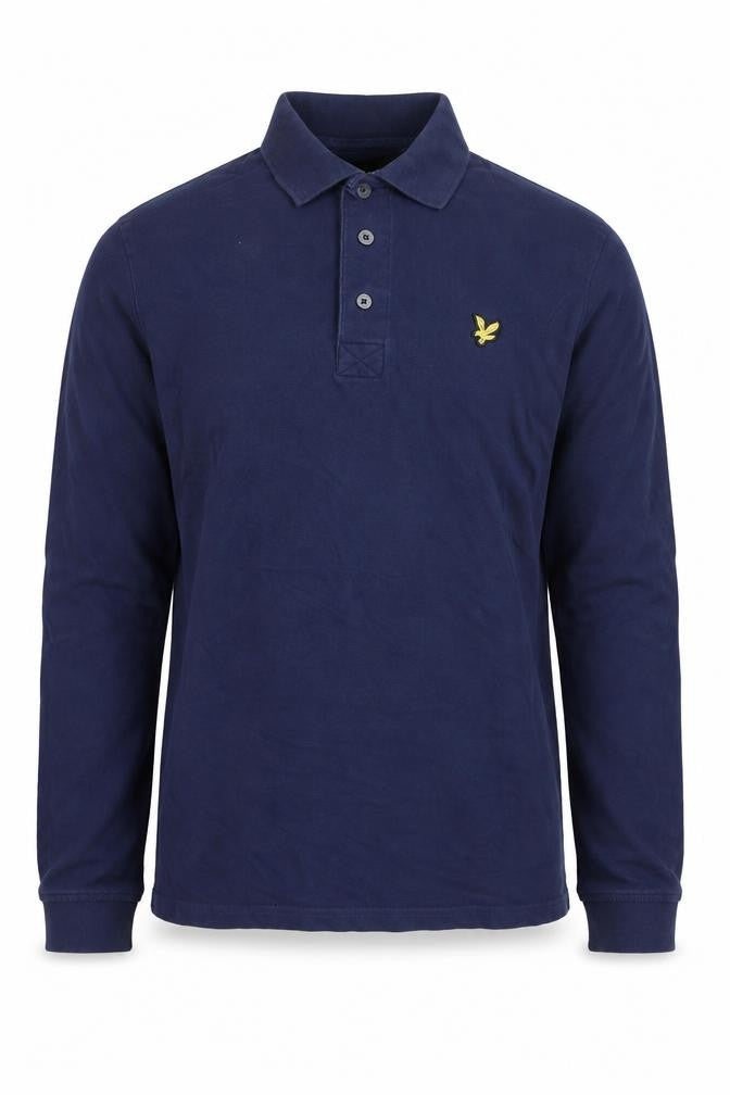 Front view of Lyle & Scott men’s blue long sleeve polo shirt, size M