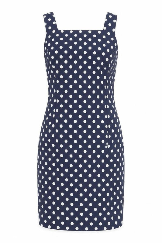 Front view of Ralph Lauren Women Blue White Polka Dot Sheath Dress, size 4