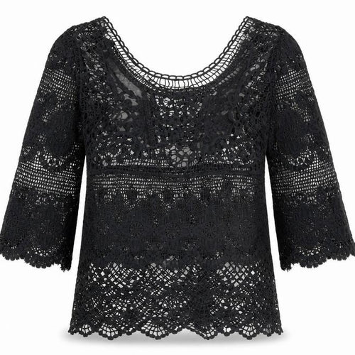 Vila Women Black Lace 3/4 Sleeve Crochet Blouse S