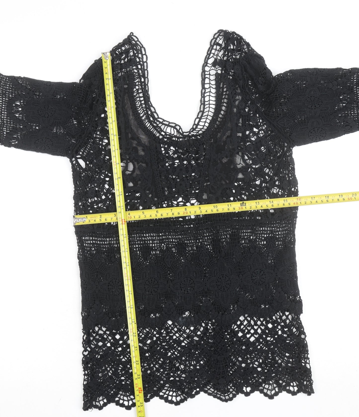 Vila Women Black Lace 3/4 Sleeve Crochet Blouse S