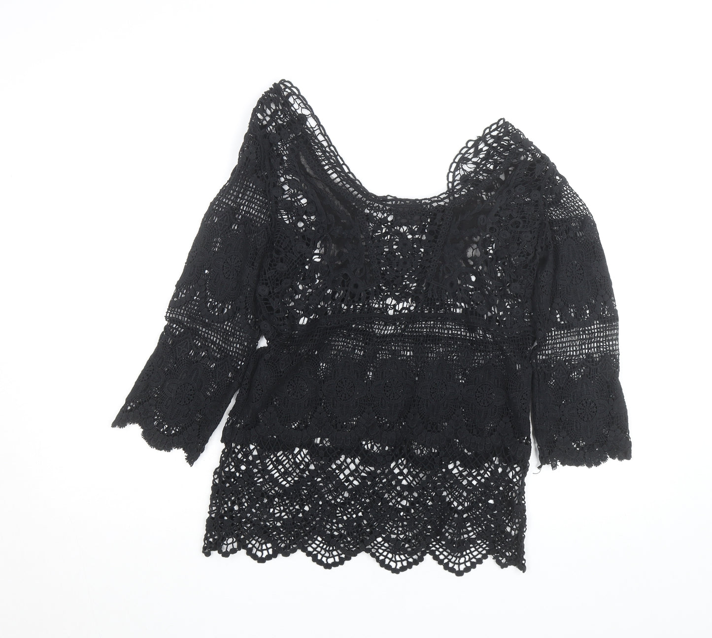 Vila Women Black Lace 3/4 Sleeve Crochet Blouse S