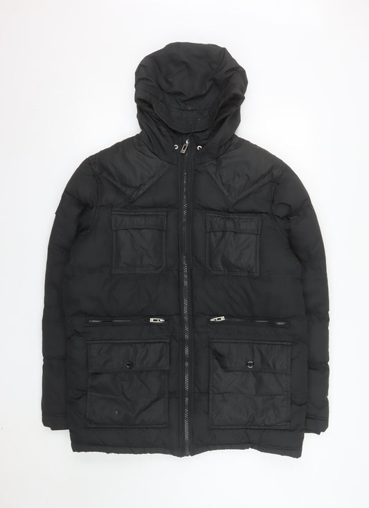 GOV DENIM Men's Black L Hooded Puffer Jacket with Pockets