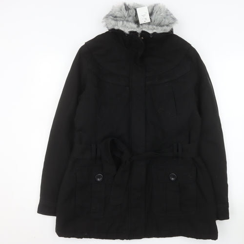 BHS Women’s Black Faux Fur Trim Hooded Belted Parka Coat Size 16
