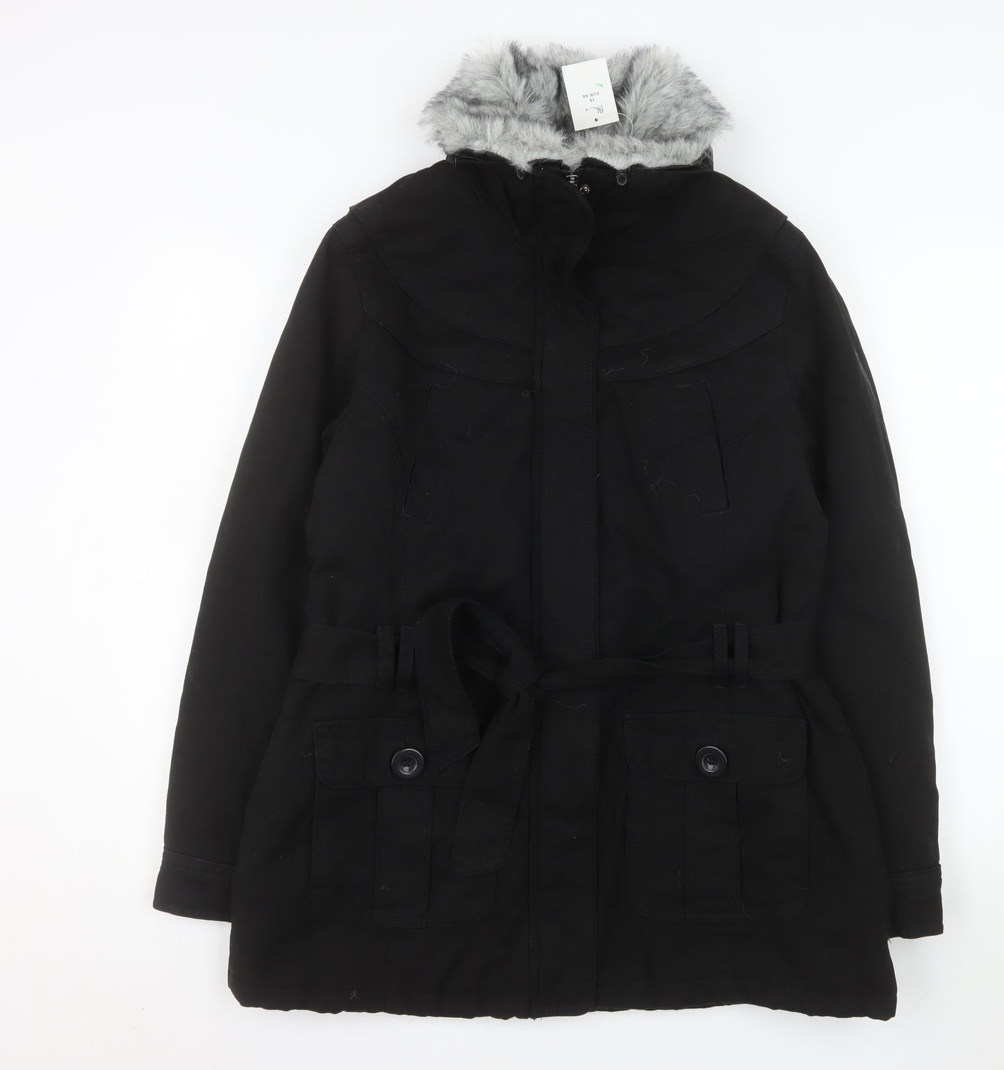 BHS Women’s Black Faux Fur Trim Hooded Belted Parka Coat Size 16