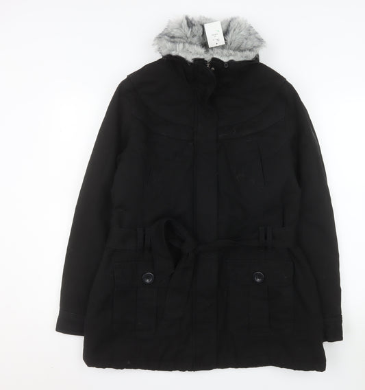 BHS Women’s Black Faux Fur Trim Hooded Belted Parka Coat Size 16