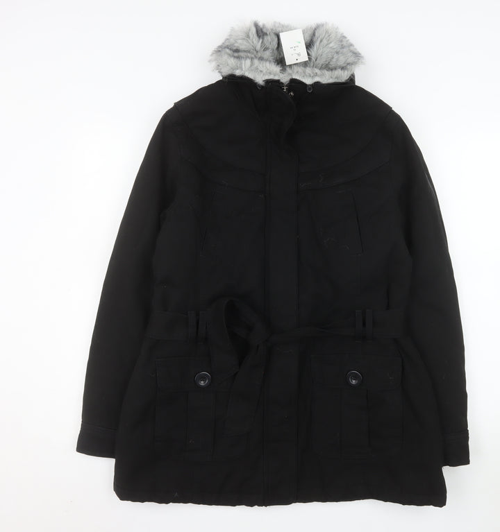 BHS Women’s Black Faux Fur Trim Hooded Belted Parka Coat Size 16