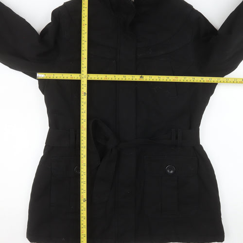 BHS Women’s Black Faux Fur Trim Hooded Belted Parka Coat Size 16