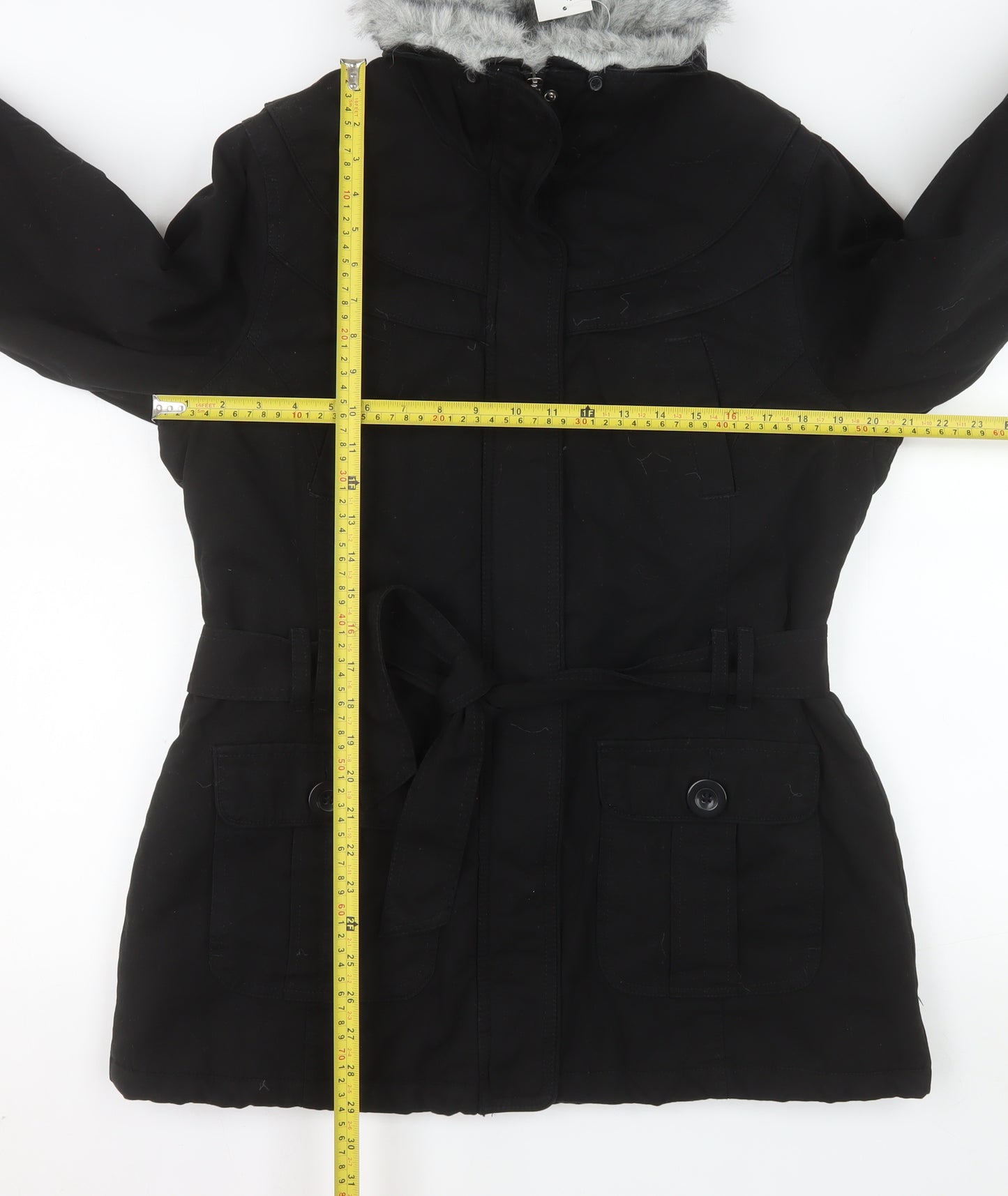 BHS Women’s Black Faux Fur Trim Hooded Belted Parka Coat Size 16