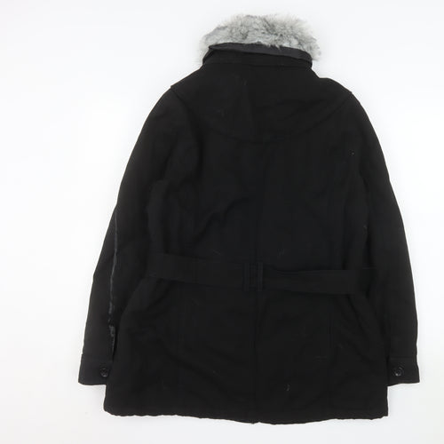 BHS Women’s Black Faux Fur Trim Hooded Belted Parka Coat Size 16