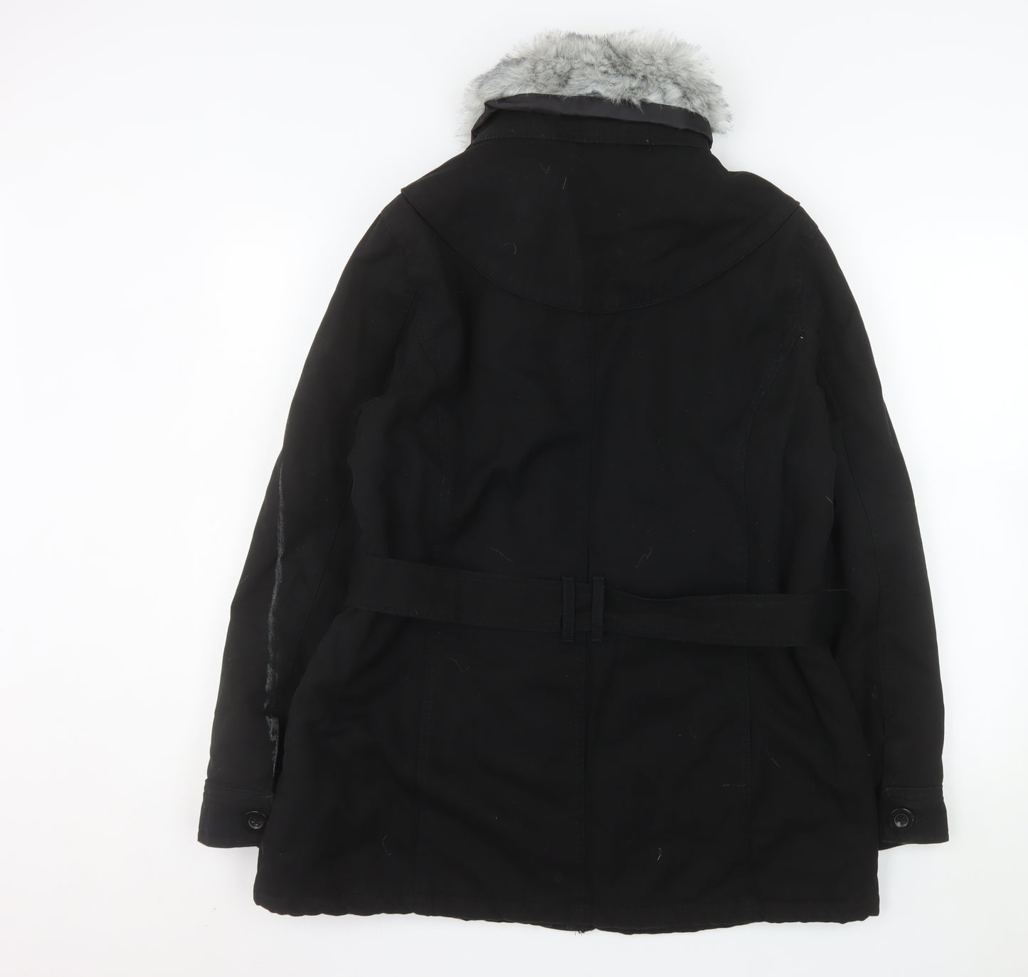BHS Women’s Black Faux Fur Trim Hooded Belted Parka Coat Size 16