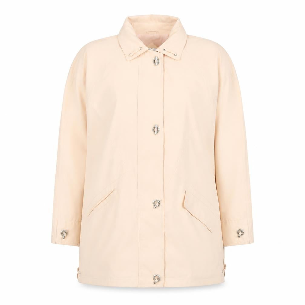 Front view of Essentials women’s beige long rain coat, size UK 12, classic lightweight