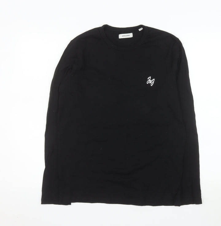 Jack & Jones Men's Black Cotton Long Sleeve Crew Neck Top S