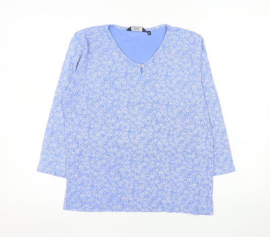 Isle Essentials Women's Blue Floral V-Neck Long Sleeve Top Size 14-16