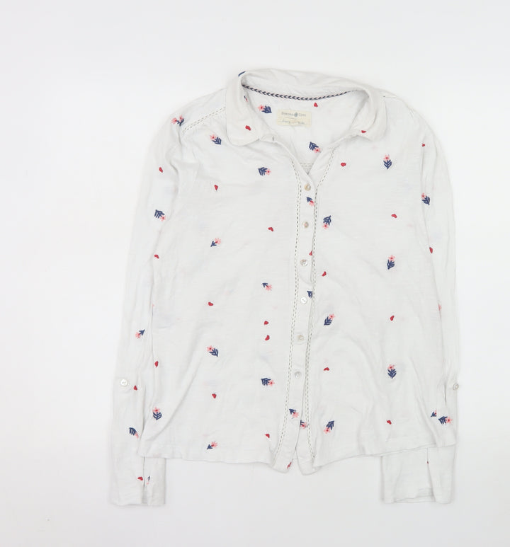 Beacon Cove Women's White Floral Cotton Button-Up Shirt M