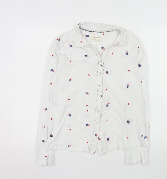 Beacon Cove Women's White Floral Cotton Button-Up Shirt M