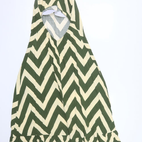JOELI Women Green Chevron Halter Long Dress M Summer Boho Style