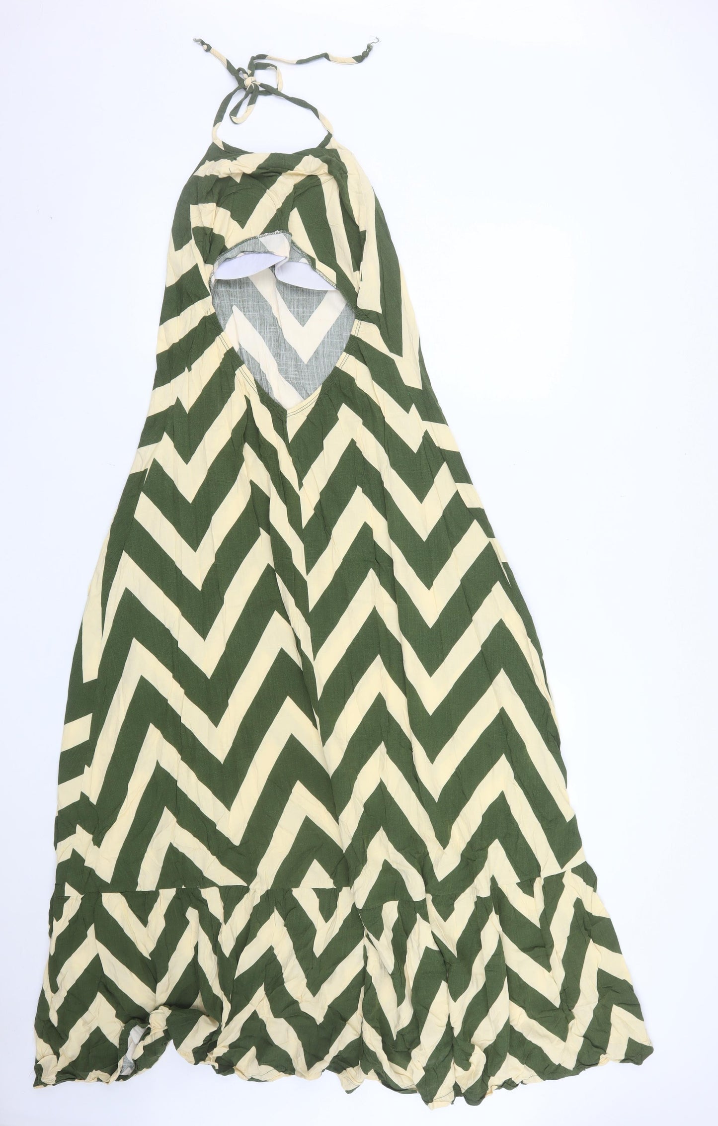 JOELI Women Green Chevron Halter Long Dress M Summer Boho Style
