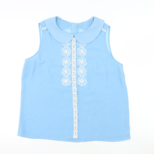 Savida Women Blue Sleeveless Collared Floral Blouse Size 12