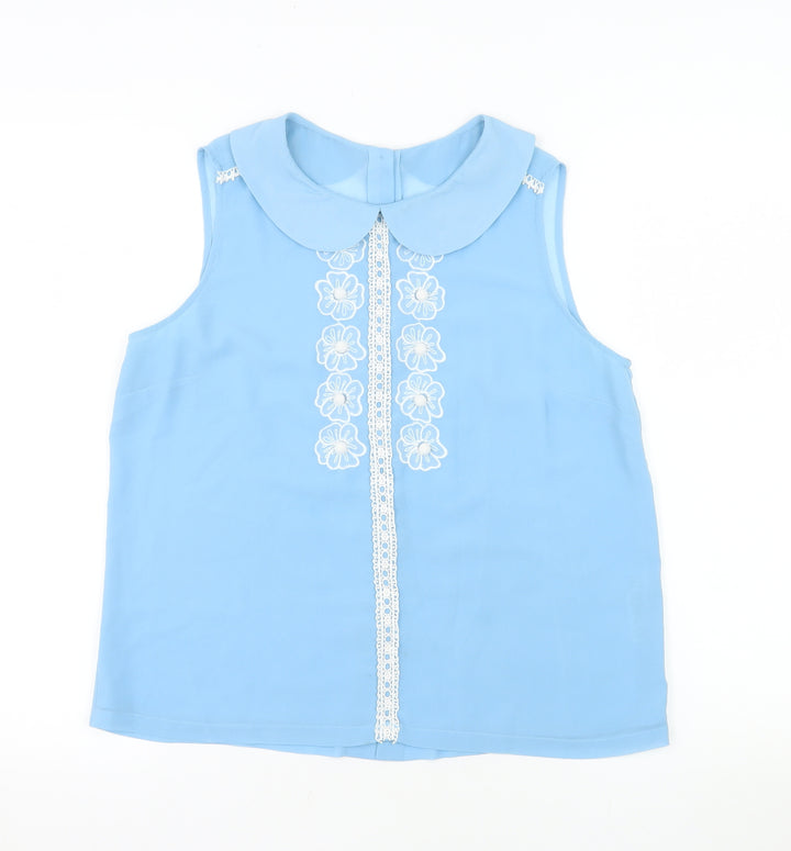 Savida Women Blue Sleeveless Collared Floral Blouse Size 12