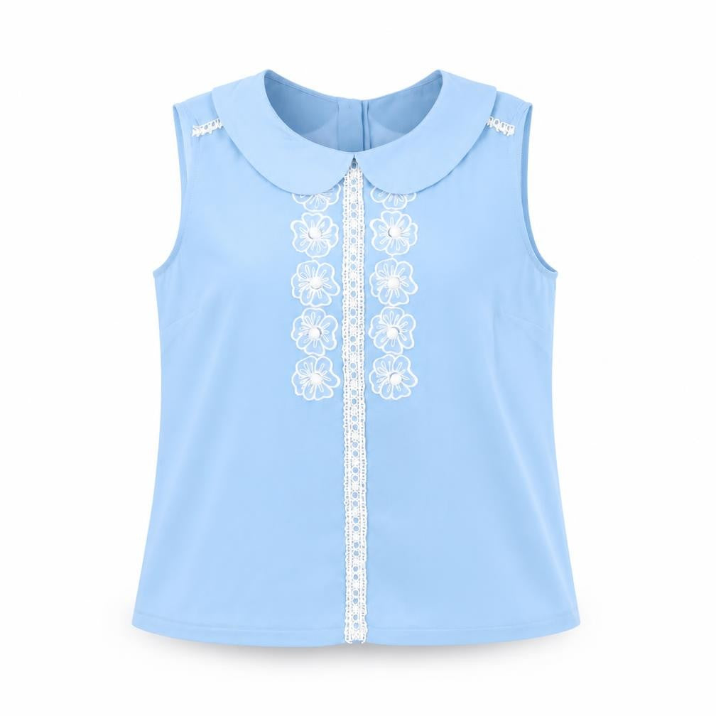 Front view of Savida Women Blue Sleeveless Collared Floral Blouse, size 12