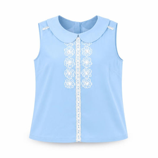 Front view of Savida Women Blue Sleeveless Collared Floral Blouse, size 12