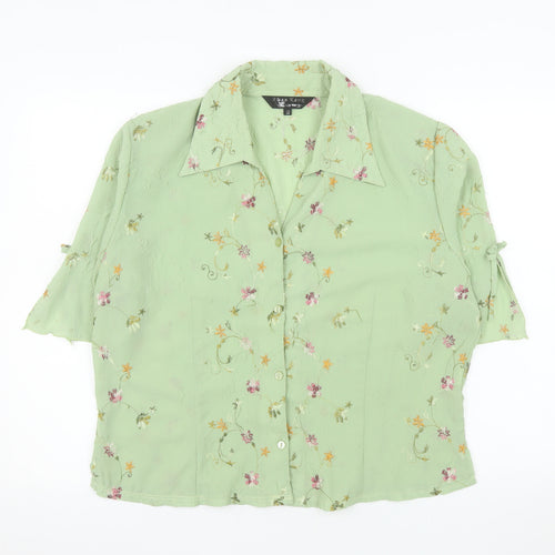Zhao Long Women Green Floral Embroidered Short Sleeve Blouse Size 22