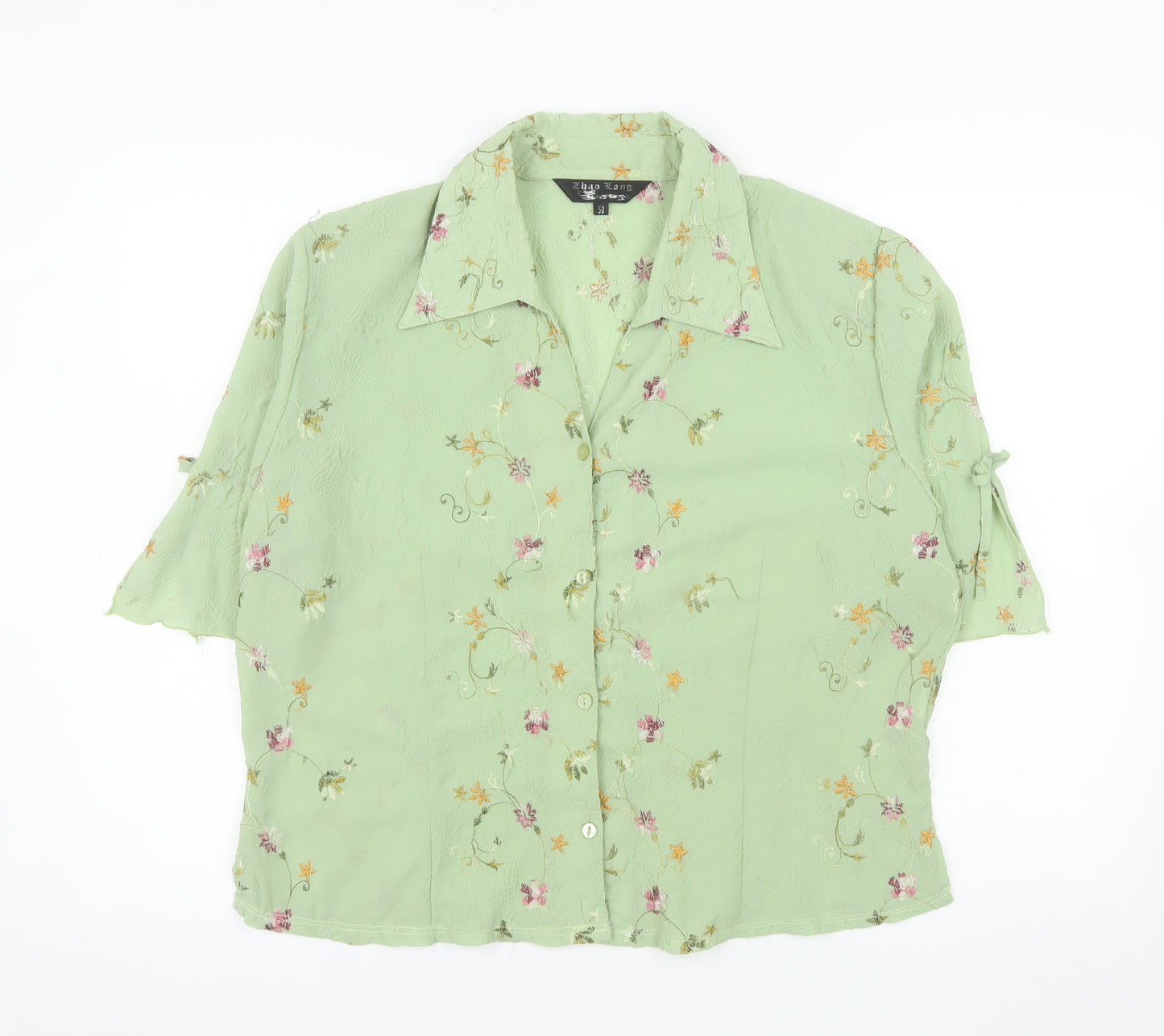 Zhao Long Women Green Floral Embroidered Short Sleeve Blouse Size 22