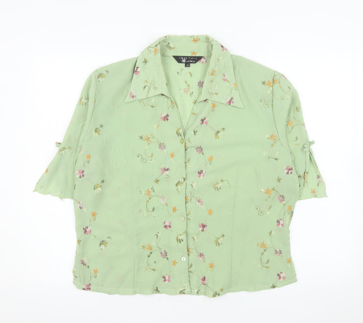 Zhao Long Women Green Floral Embroidered Short Sleeve Blouse Size 22