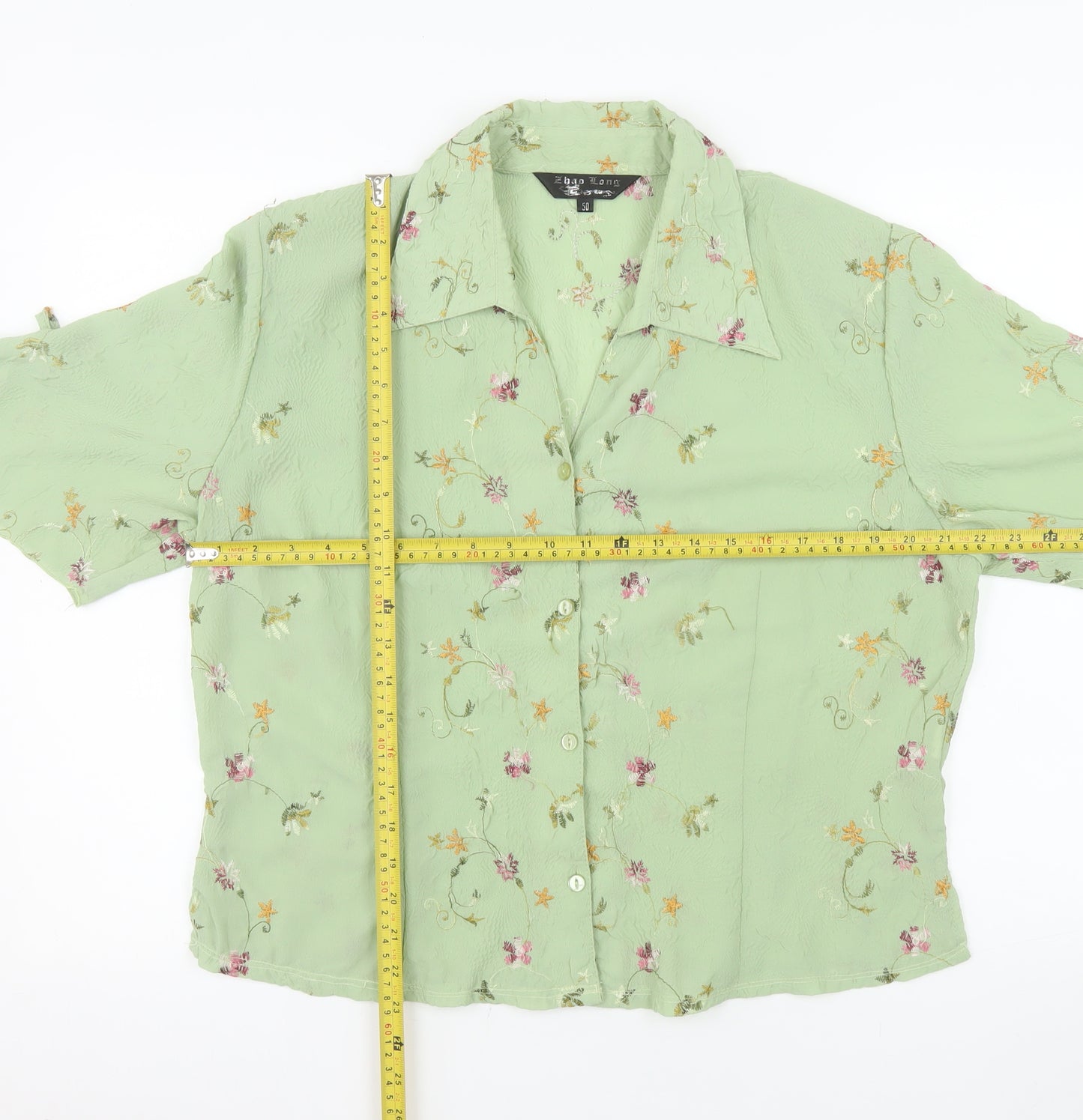 Zhao Long Women Green Floral Embroidered Short Sleeve Blouse Size 22