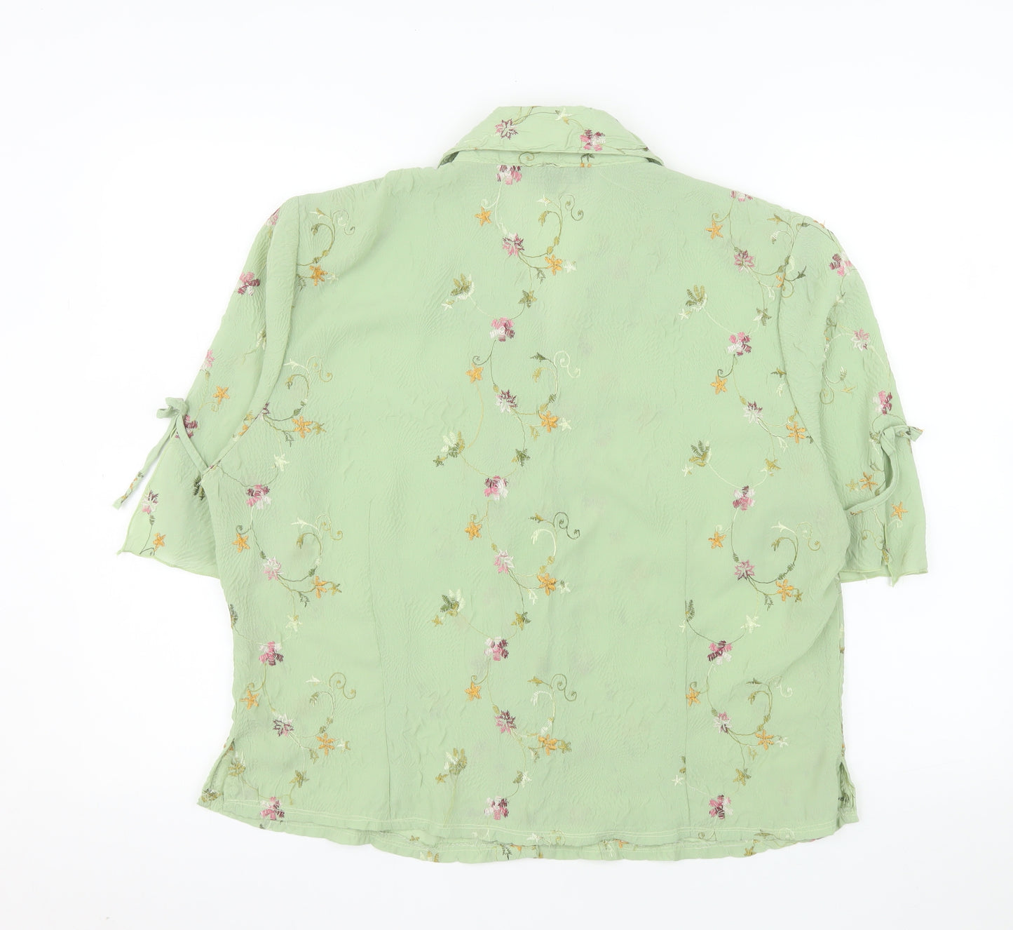 Zhao Long Women Green Floral Embroidered Short Sleeve Blouse Size 22