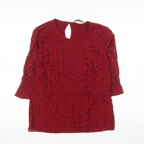 Oasis Women's Red Lace Tunic Blouse Size M 3/4 Sleeve Round Neck