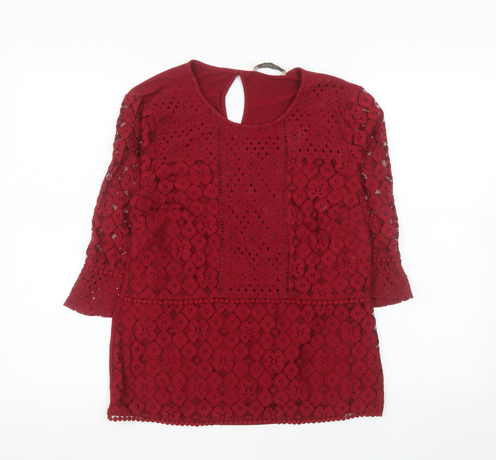 Oasis Women's Red Lace Tunic Blouse Size M 3/4 Sleeve Round Neck