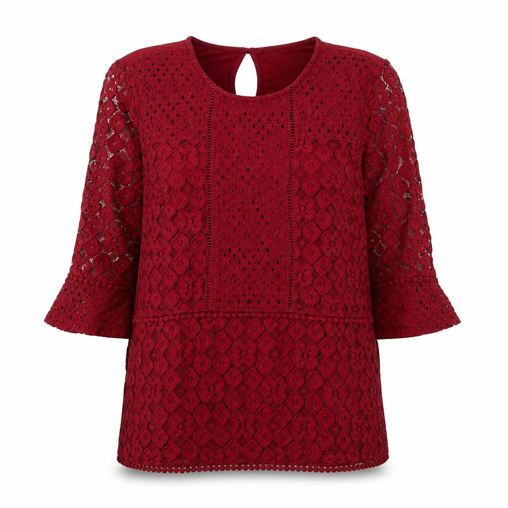 Oasis Women's Red Lace Tunic Blouse Size M 3/4 Sleeve Round Neck