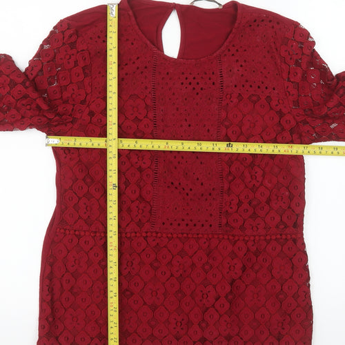 Oasis Women's Red Lace Tunic Blouse Size M 3/4 Sleeve Round Neck