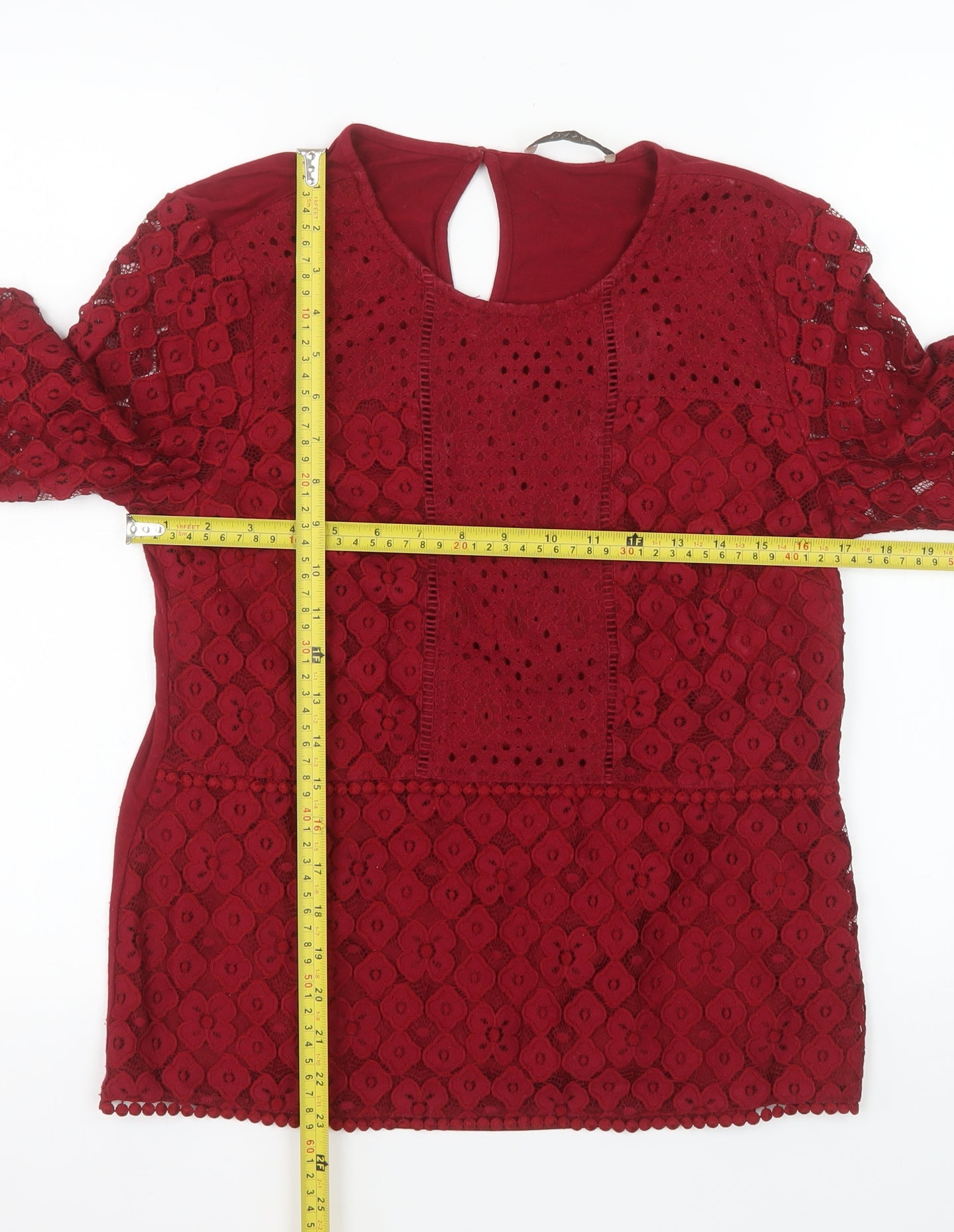 Oasis Women's Red Lace Tunic Blouse Size M 3/4 Sleeve Round Neck