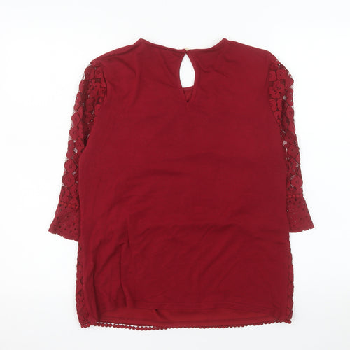 Oasis Women's Red Lace Tunic Blouse Size M 3/4 Sleeve Round Neck