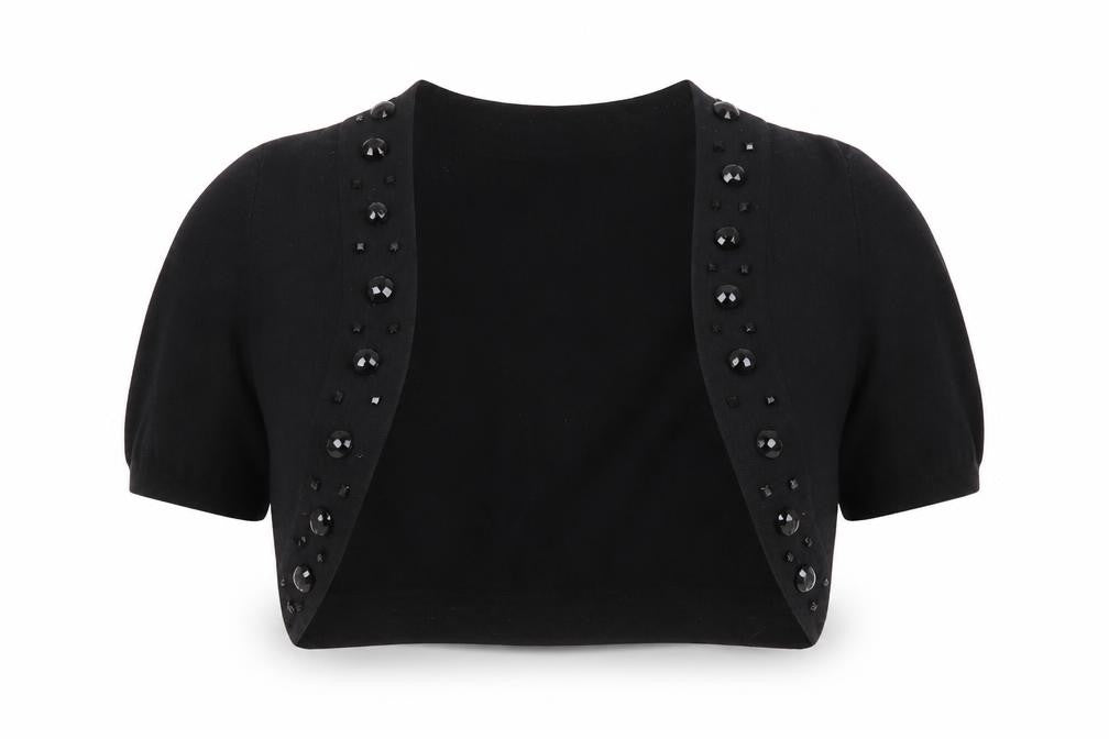 Front view of A|wear Women's Black Beaded Shrug Cardigan, size S
