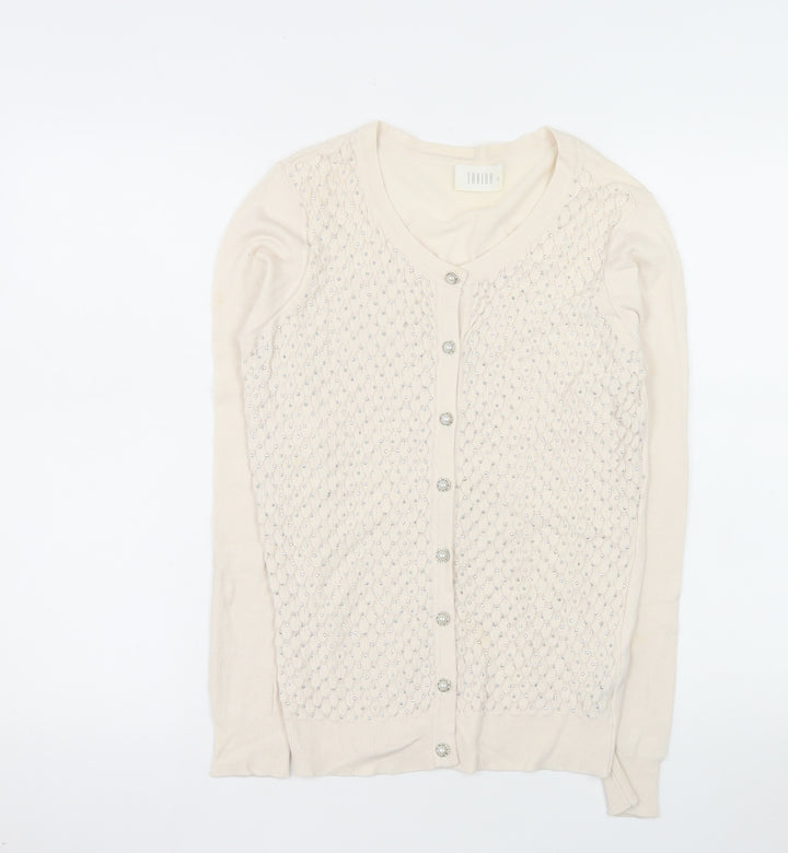 Savida Women’s Beige Beaded Button Knit Cardigan Size 8