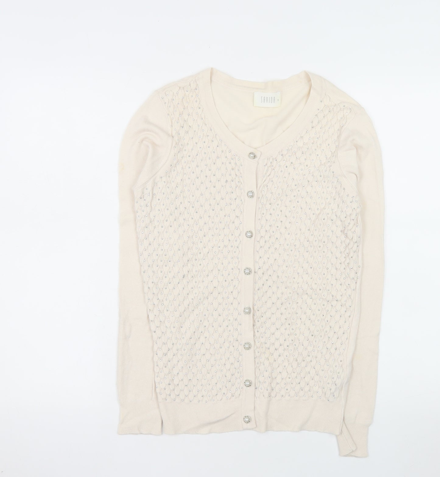 Savida Women’s Beige Beaded Button Knit Cardigan Size 8