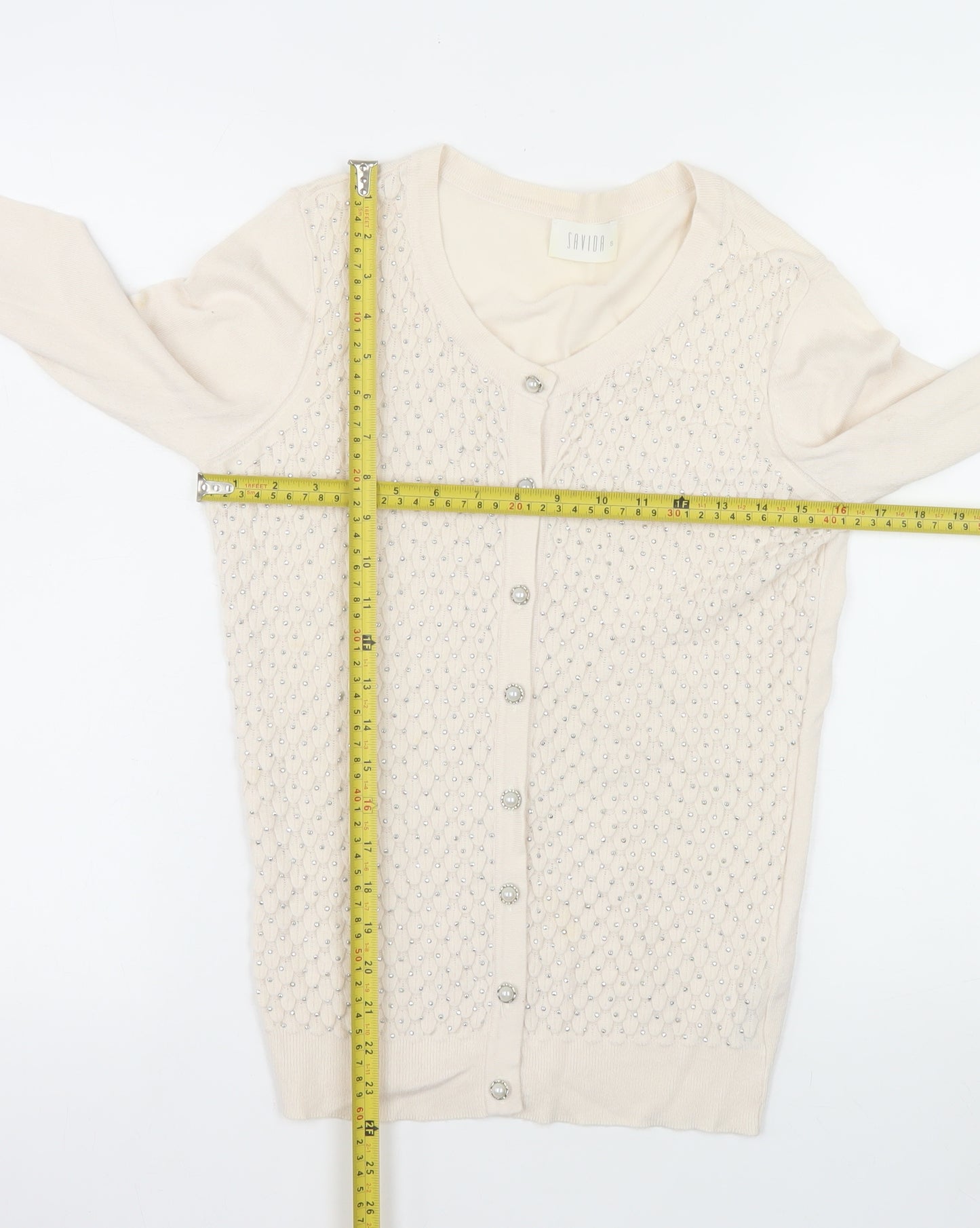 Savida Women’s Beige Beaded Button Knit Cardigan Size 8