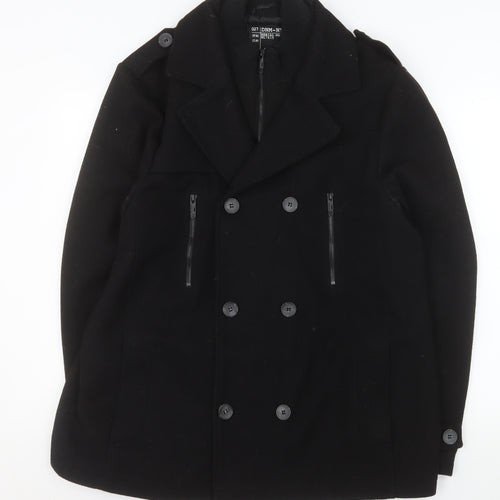 New Look Men Black Wool Blend Pea Coat XL Double-Breasted Jacket