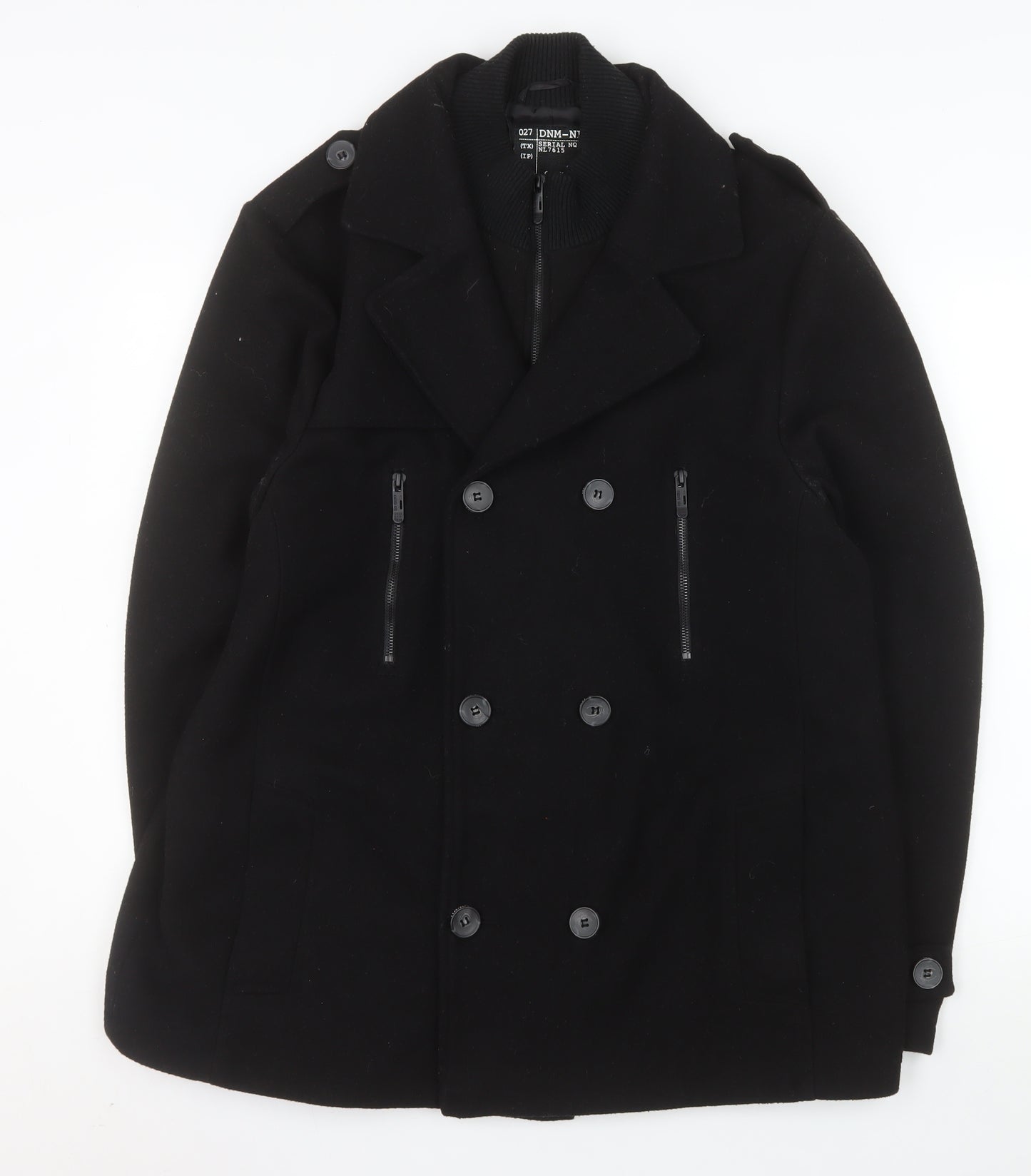 New Look Men Black Wool Blend Pea Coat XL Double-Breasted Jacket