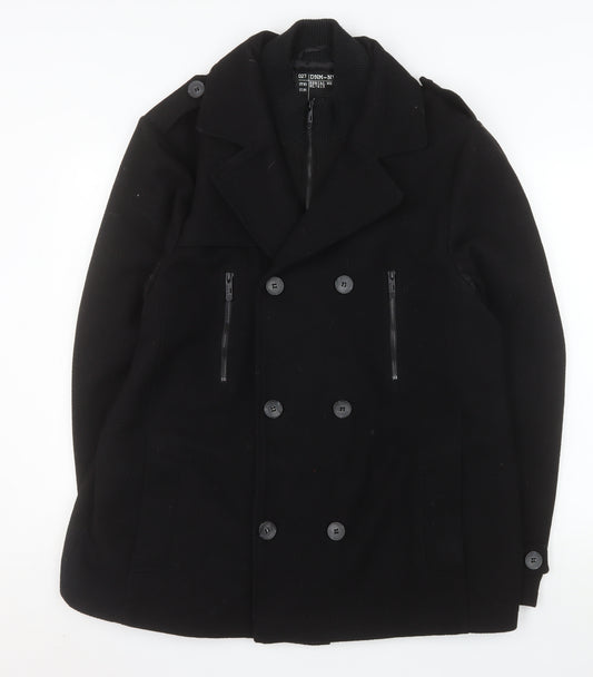 New Look Men Black Wool Blend Pea Coat XL Double-Breasted Jacket